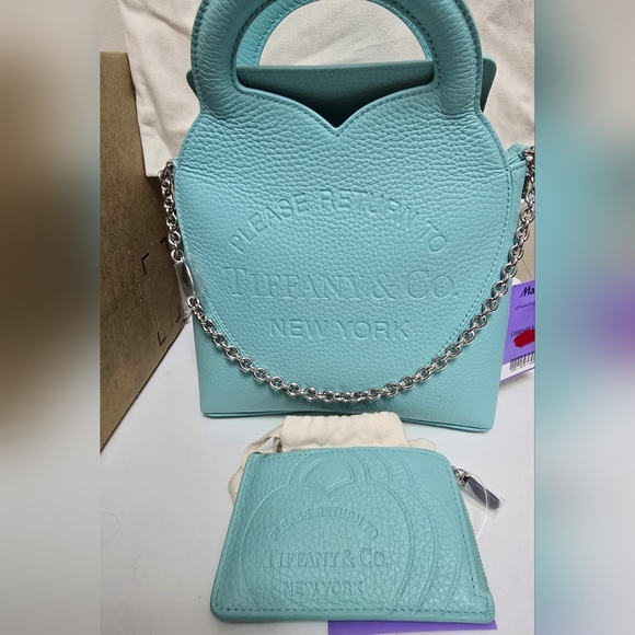 Tiffany & Co. Aqua Leather Shoulder Bag & Matching Tiffany WALLET - Picture 2 of 8